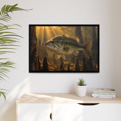 Sunrise Over the Cypress Knees Largemouth Bass framed canvas hanging in a living room