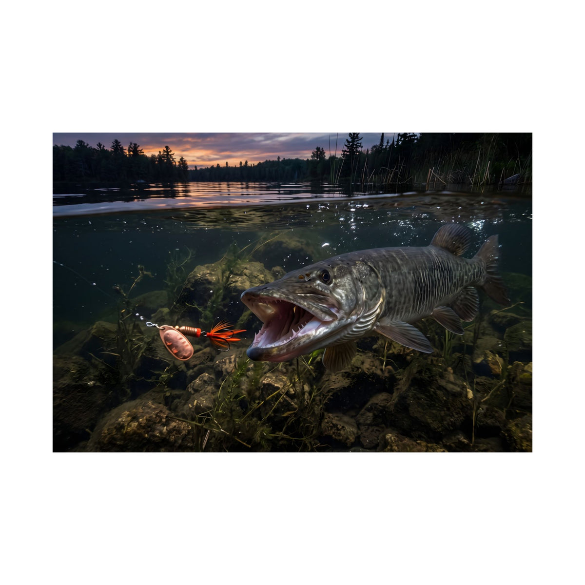 Sunset Spinner Strike Muskie Poster — Trophy Underwater Wall Art for Anglers
