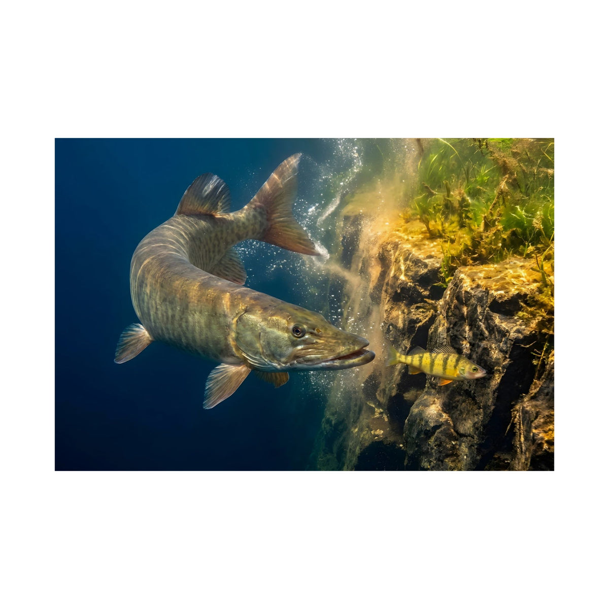 Muskie Drop-Off Chase Poster — Trophy Underwater Wall Art for Anglers