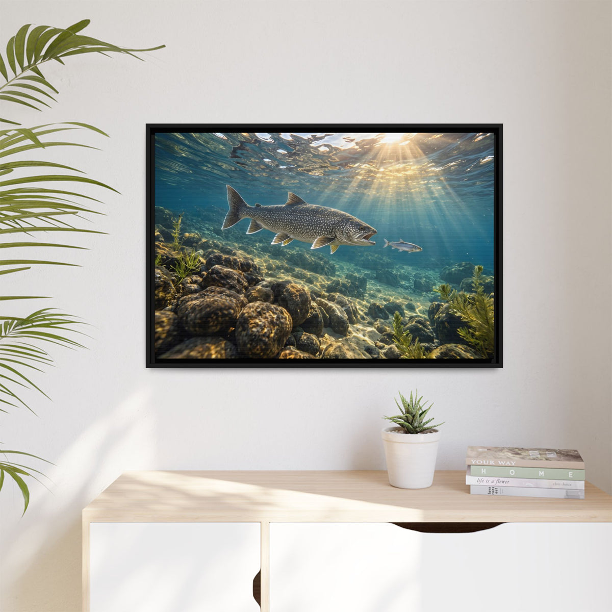 Cisco Chase Lake Trout framed canvas hanging in a living room