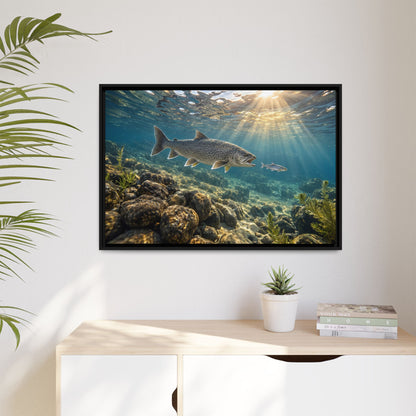 Cisco Chase Lake Trout framed canvas hanging in a living room