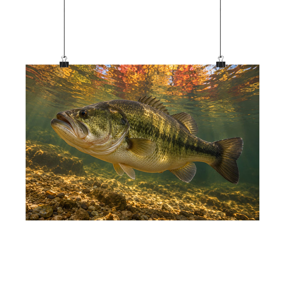 Golden Autumn Reflection Largemouth Bass poster wall art, 24x16 size view