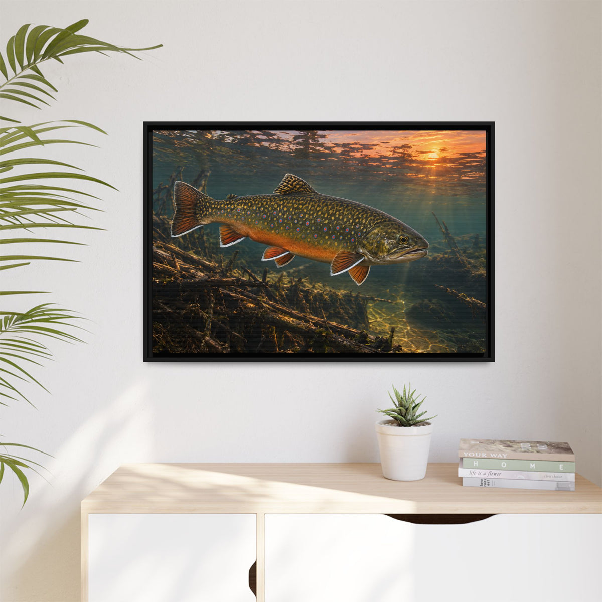Sunset Beaver Dam Brook Trout framed canvas wall art, view 5