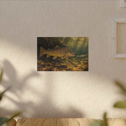 Streamer Chase Brown Trout canvas hanging in a living room