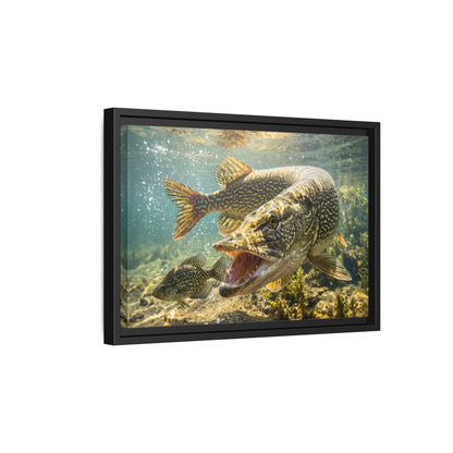 Northern Pike Crappie Chase Framed Canvas — Ready-to-Hang Wall Art for Anglers