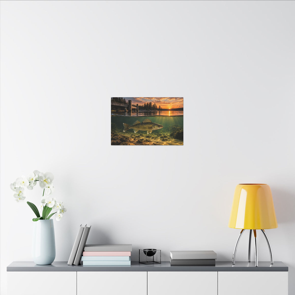 Northwoods Over-Under Walleye canvas in a home office