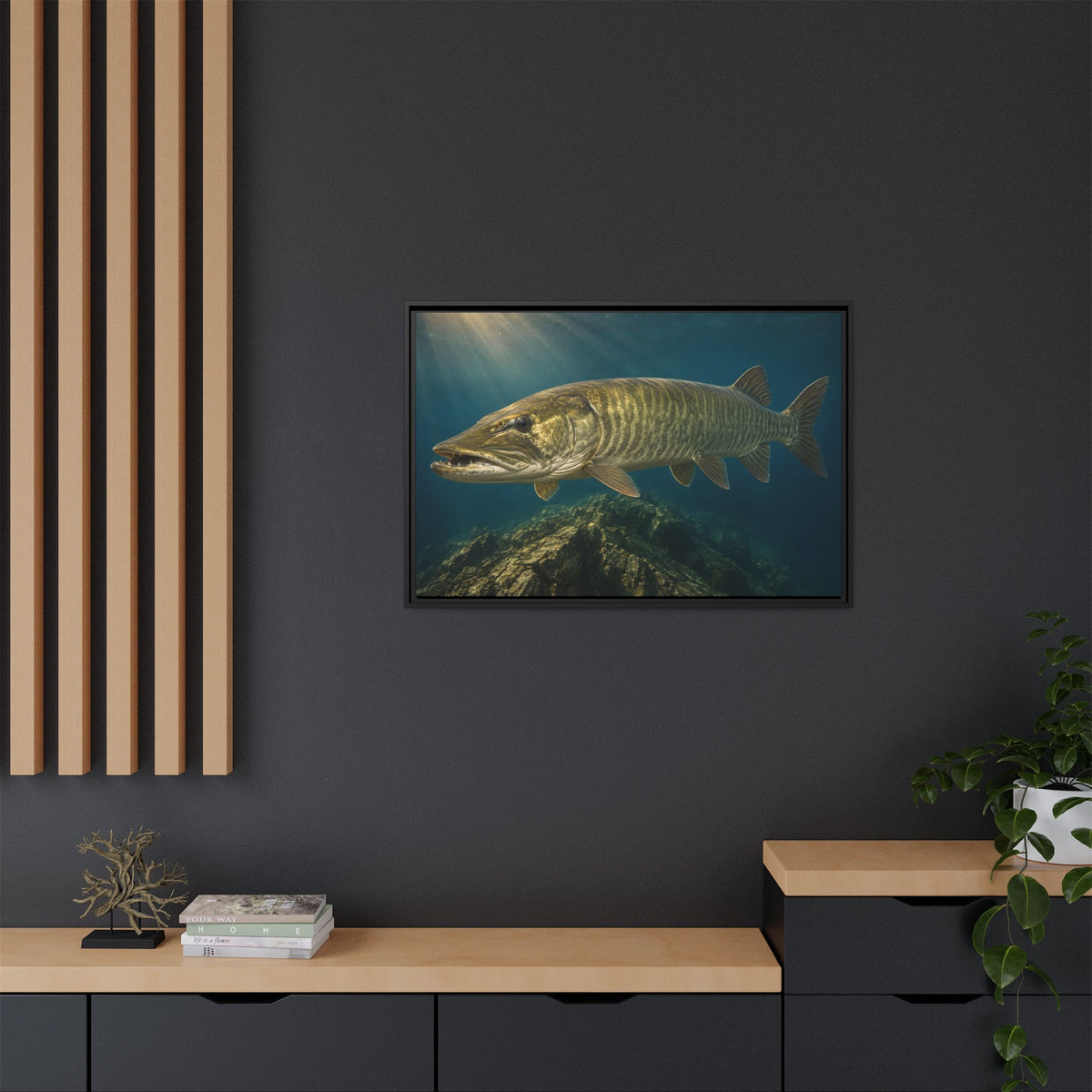 Golden Backlit Muskie Profile framed canvas in a home office