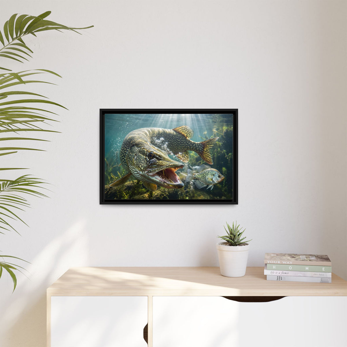 Northern Pike Predator Strike Framed Canvas — Ready-to-Hang Wall Art for Anglers