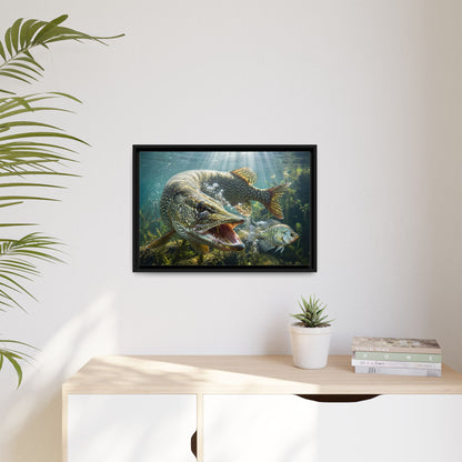 Northern Pike Predator Strike Framed Canvas — Ready-to-Hang Wall Art for Anglers