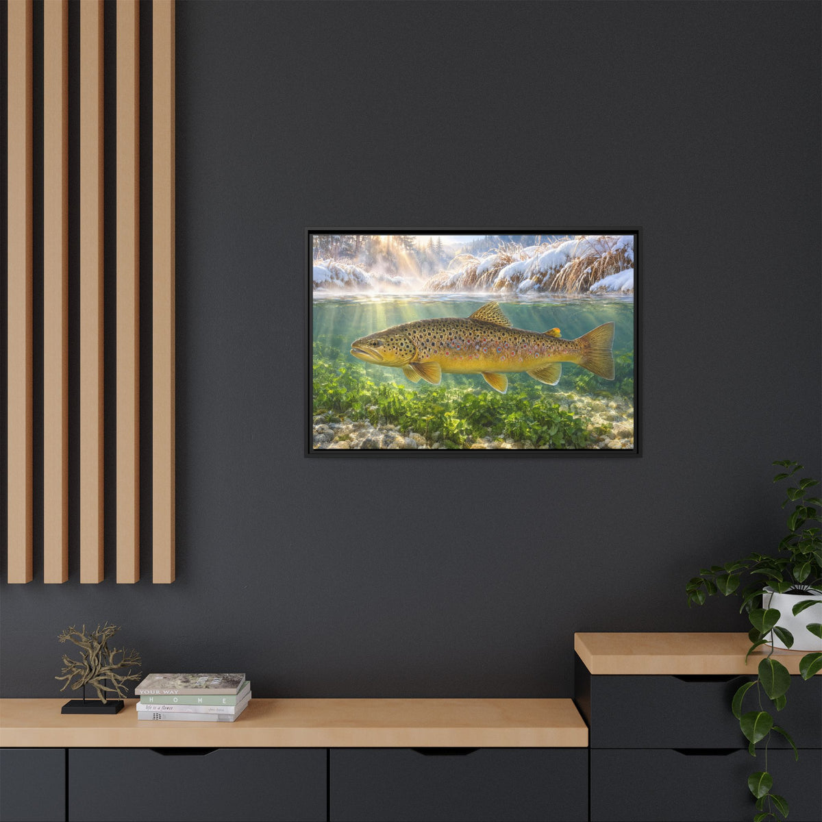 Winter Spring Creek Brown Trout framed canvas in a home office