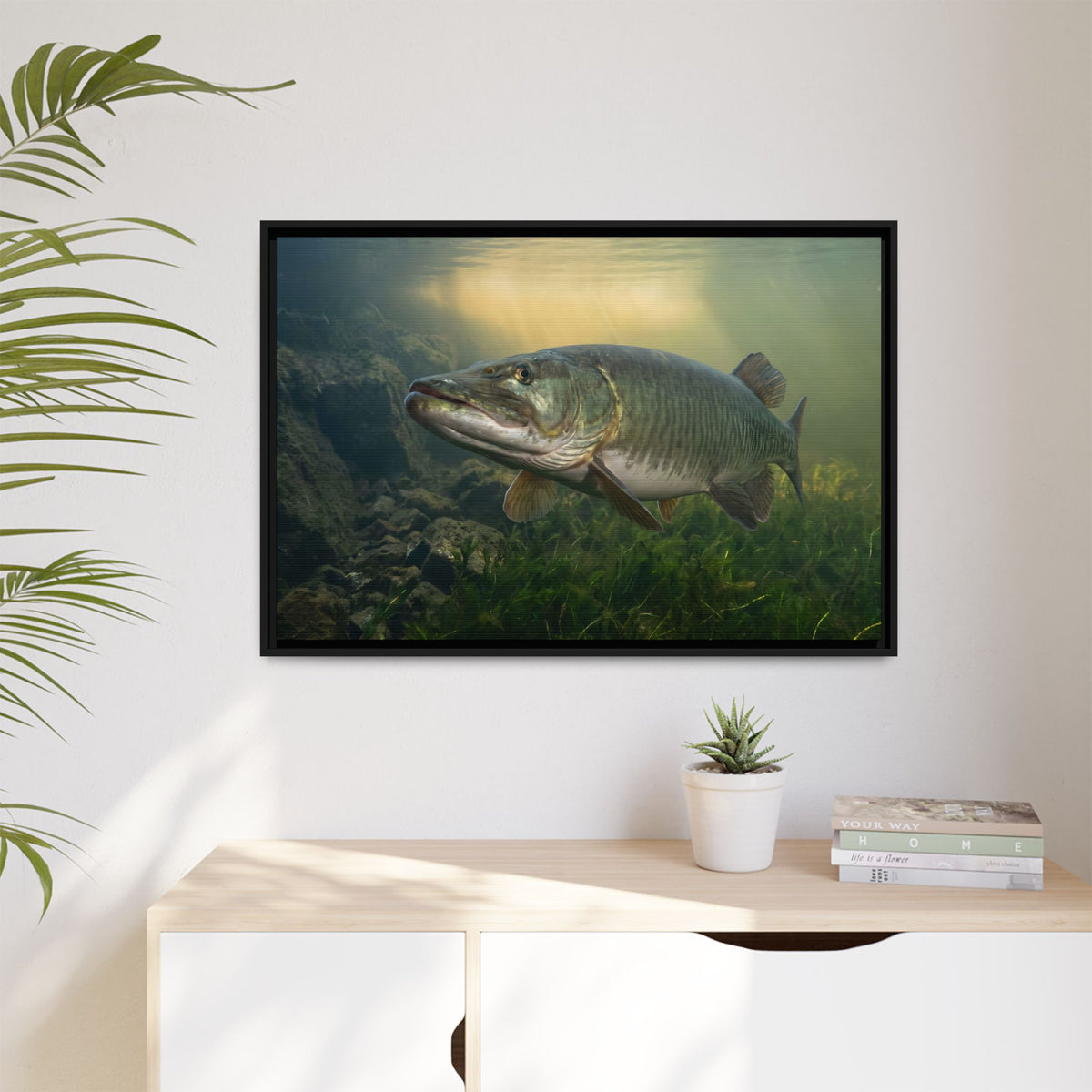 Golden Weed Line Hover Muskie framed canvas hanging in a living room