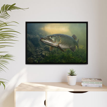 Golden Weed Line Hover Muskie framed canvas hanging in a living room