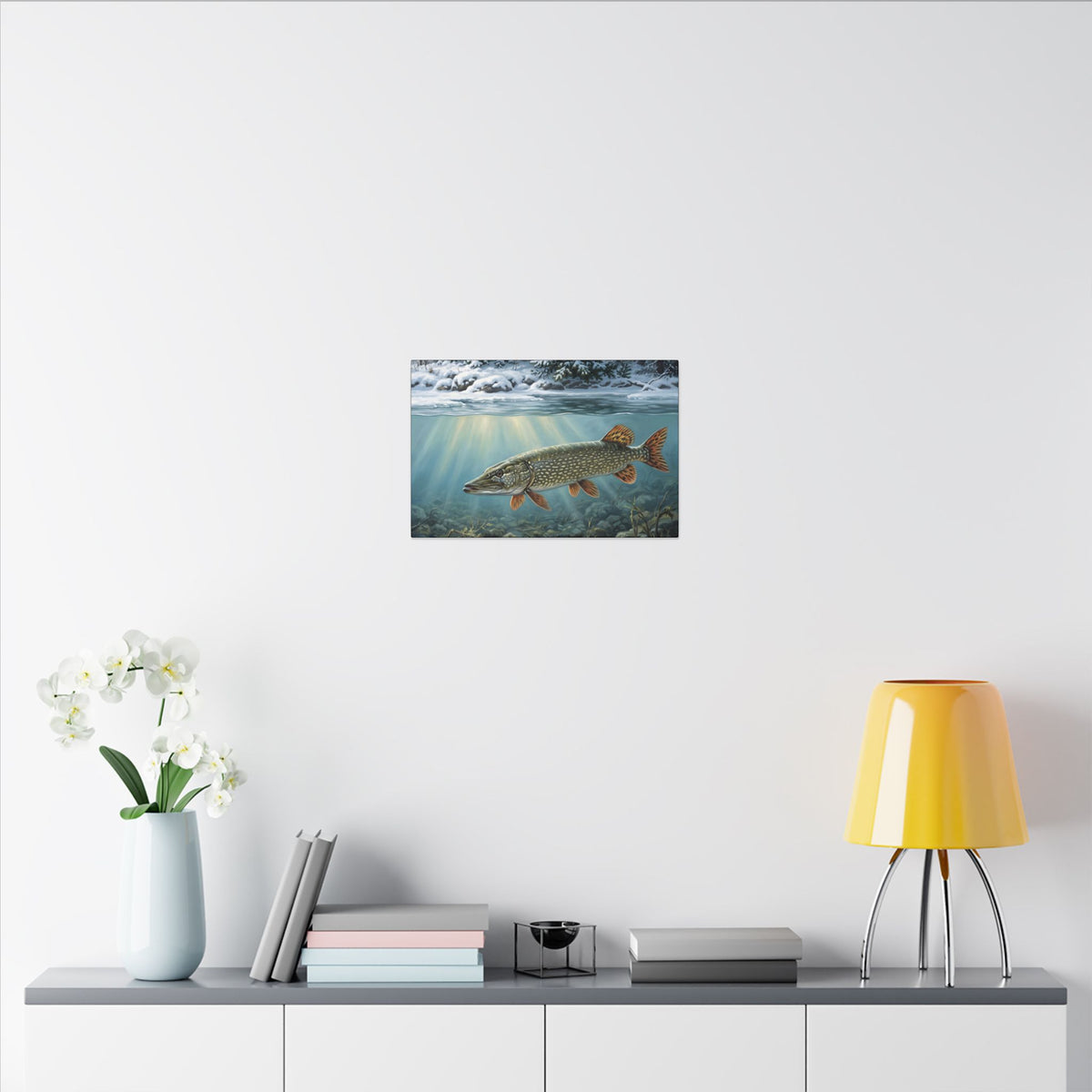 First Snow Northern Pike canvas in a home office