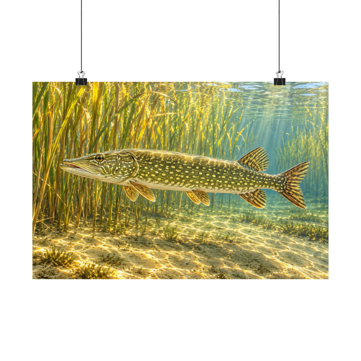 Sunlit Reed Edge Northern Pike poster wall art, 24x16 size view