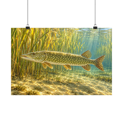 Sunlit Reed Edge Northern Pike poster wall art, 24x16 size view