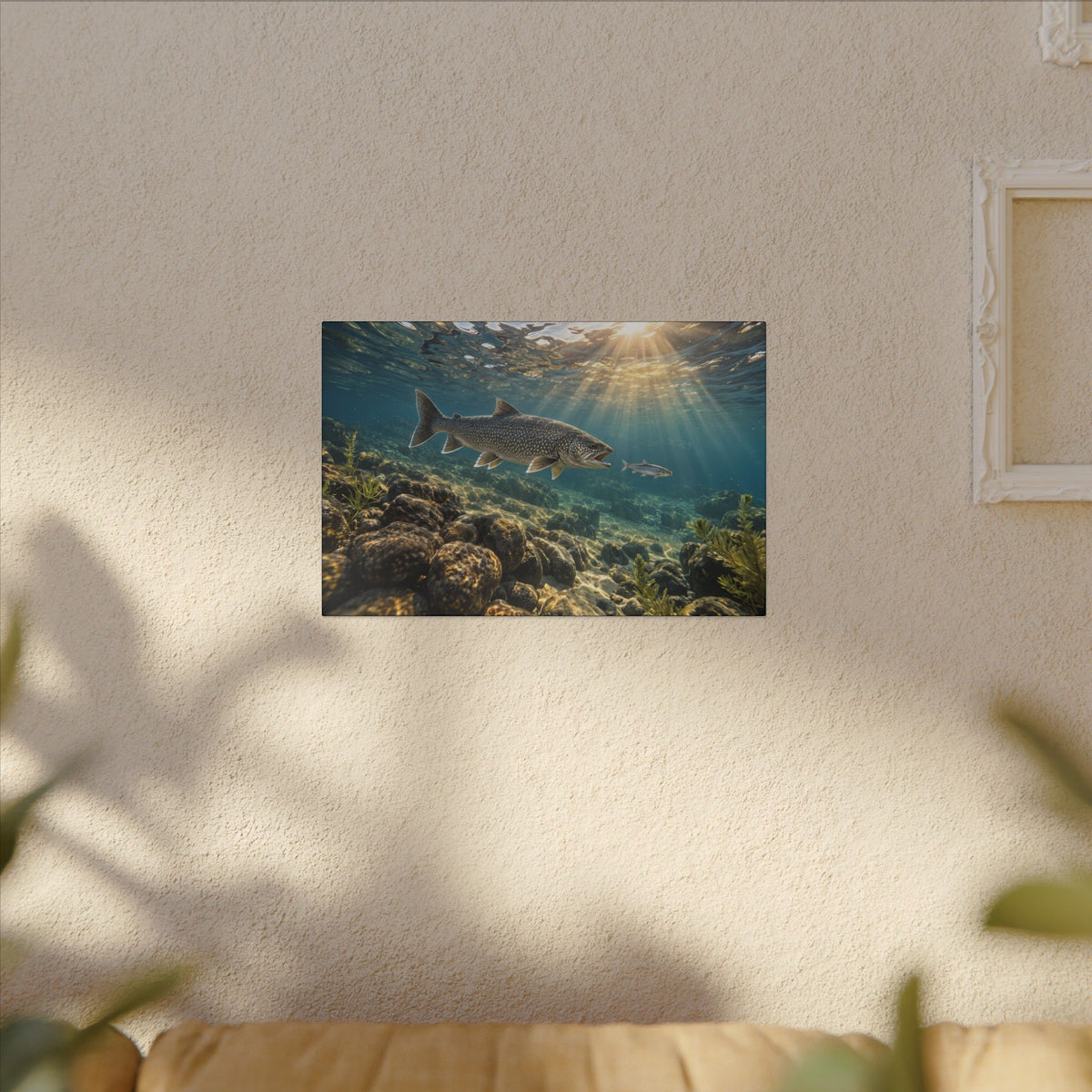 Cisco Chase Lake Trout canvas hanging in a living room