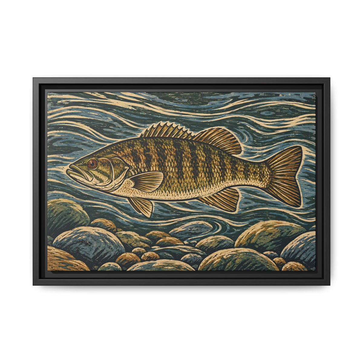 Woodcut River Smallmouth Framed Canvas wall art, view 2