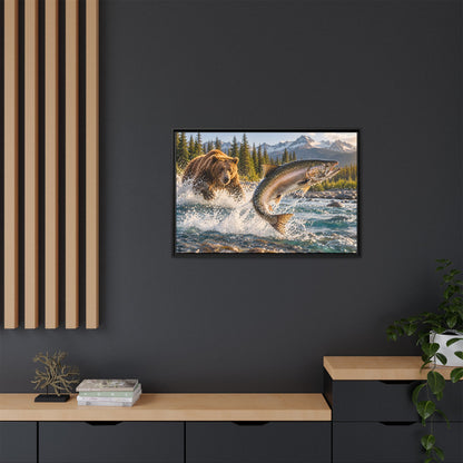 Grizzly Bear and Leaping Salmon framed canvas wall art, view 6