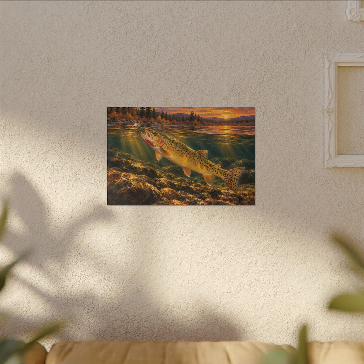 Red Throat at Dusk Cutthroat Trout canvas hanging in a living room
