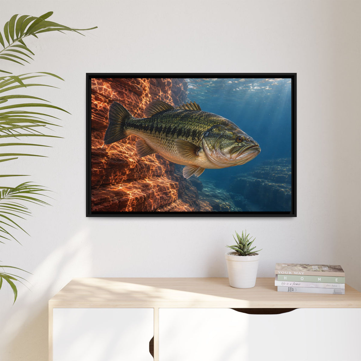 Rust-Red Canyon Glow Largemouth Bass framed canvas hanging in a living room