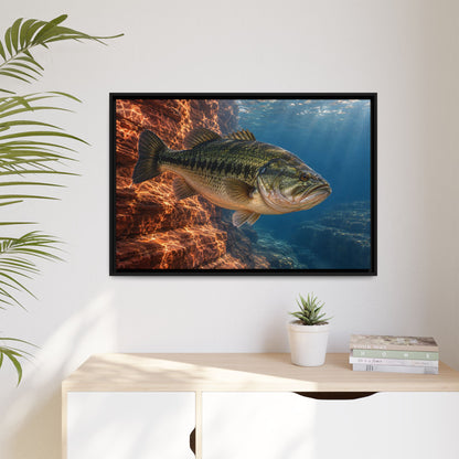 Rust-Red Canyon Glow Largemouth Bass framed canvas hanging in a living room