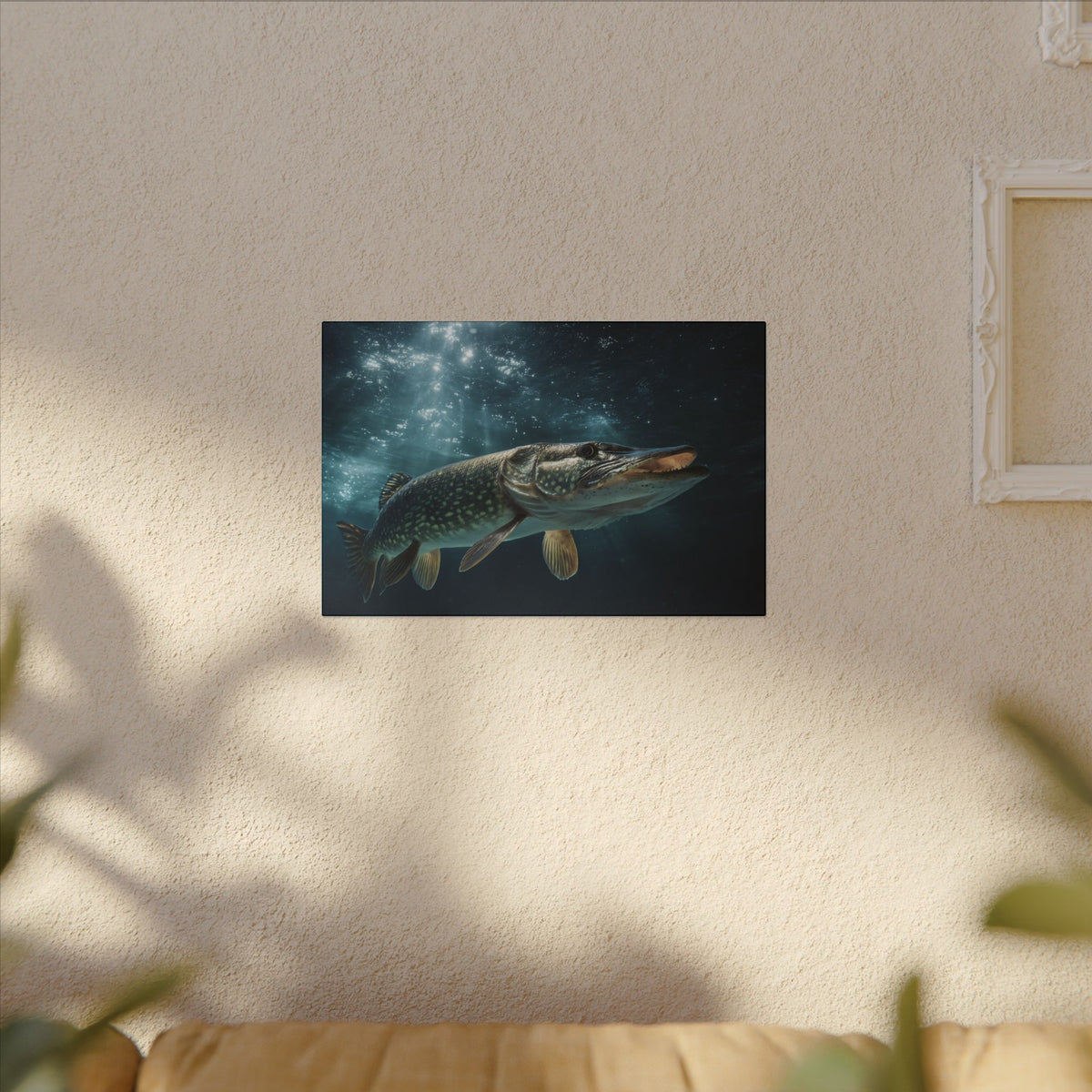 Emerging from the Deep Northern Pike canvas hanging in a living room