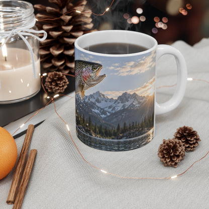 Alpine Thunder Rainbow Trout fishing coffee mug on a table