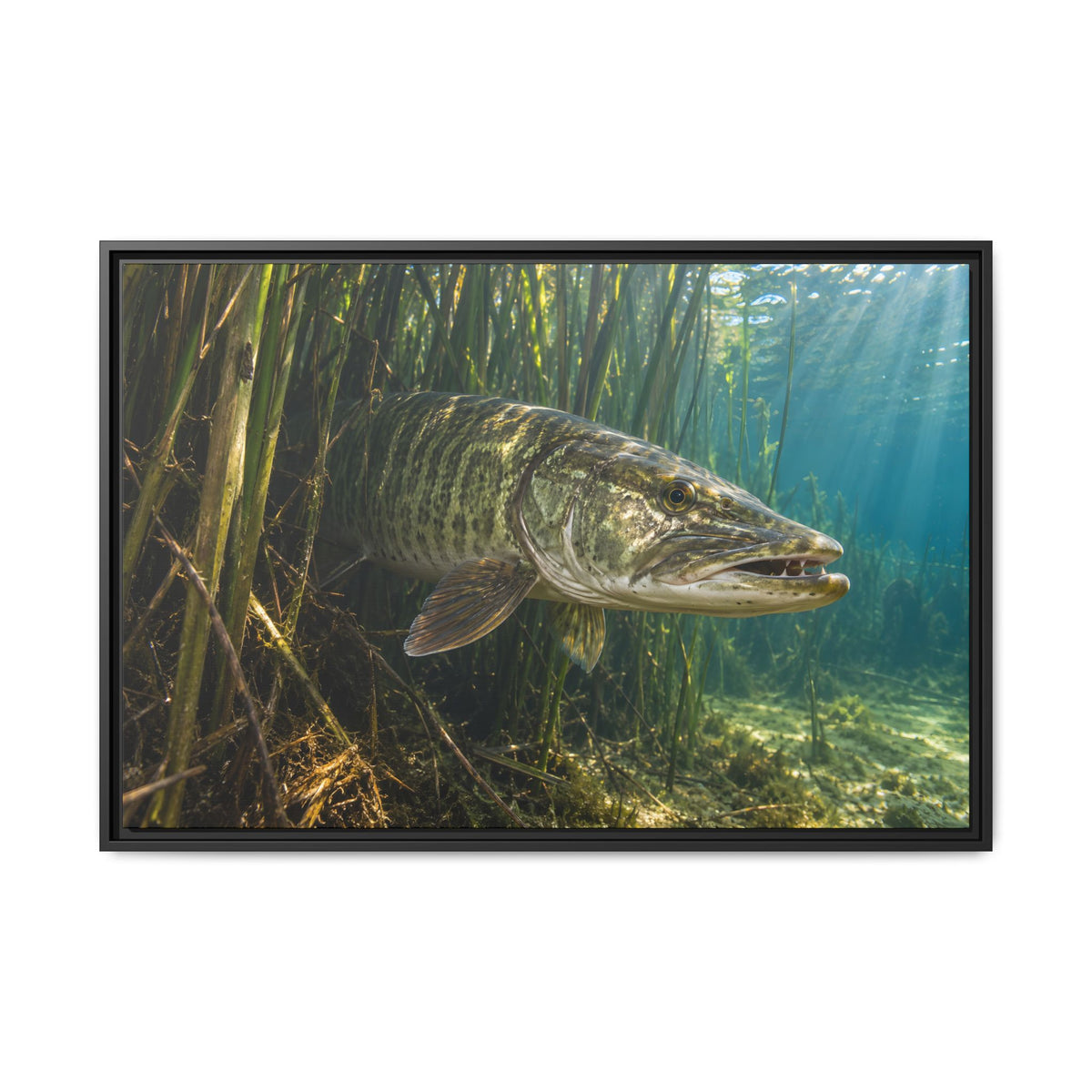 Reeds Mouth Open Muskie framed canvas, 18x12 size view