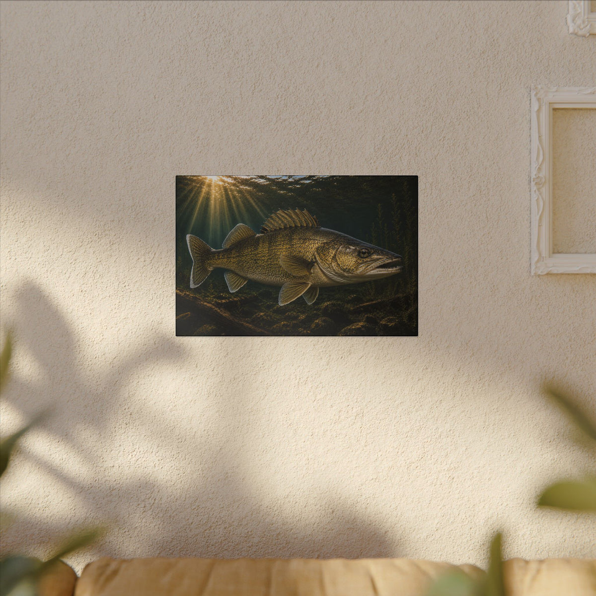 Golden Sunbeams Walleye canvas hanging in a living room