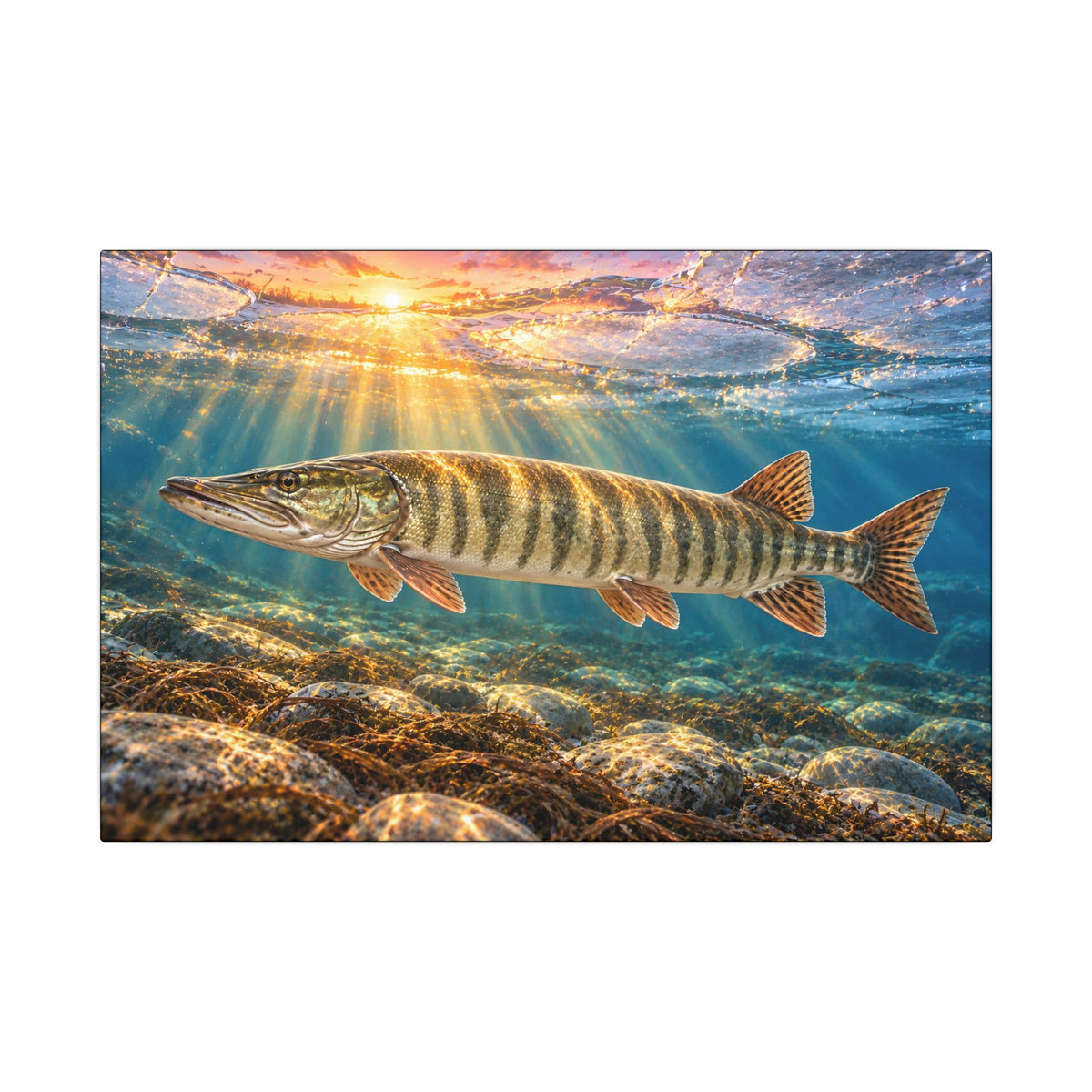 A big muskie glides through clear, ice-cold spring water at sunrise, fishing wall art canvas