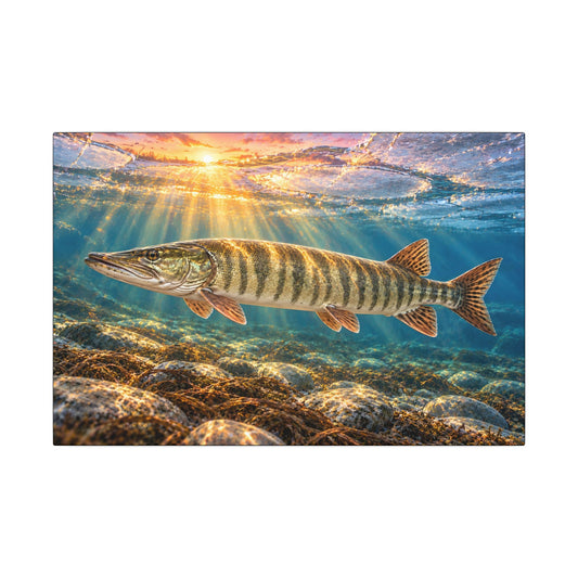 A big muskie glides through clear, ice-cold spring water at sunrise, fishing wall art canvas