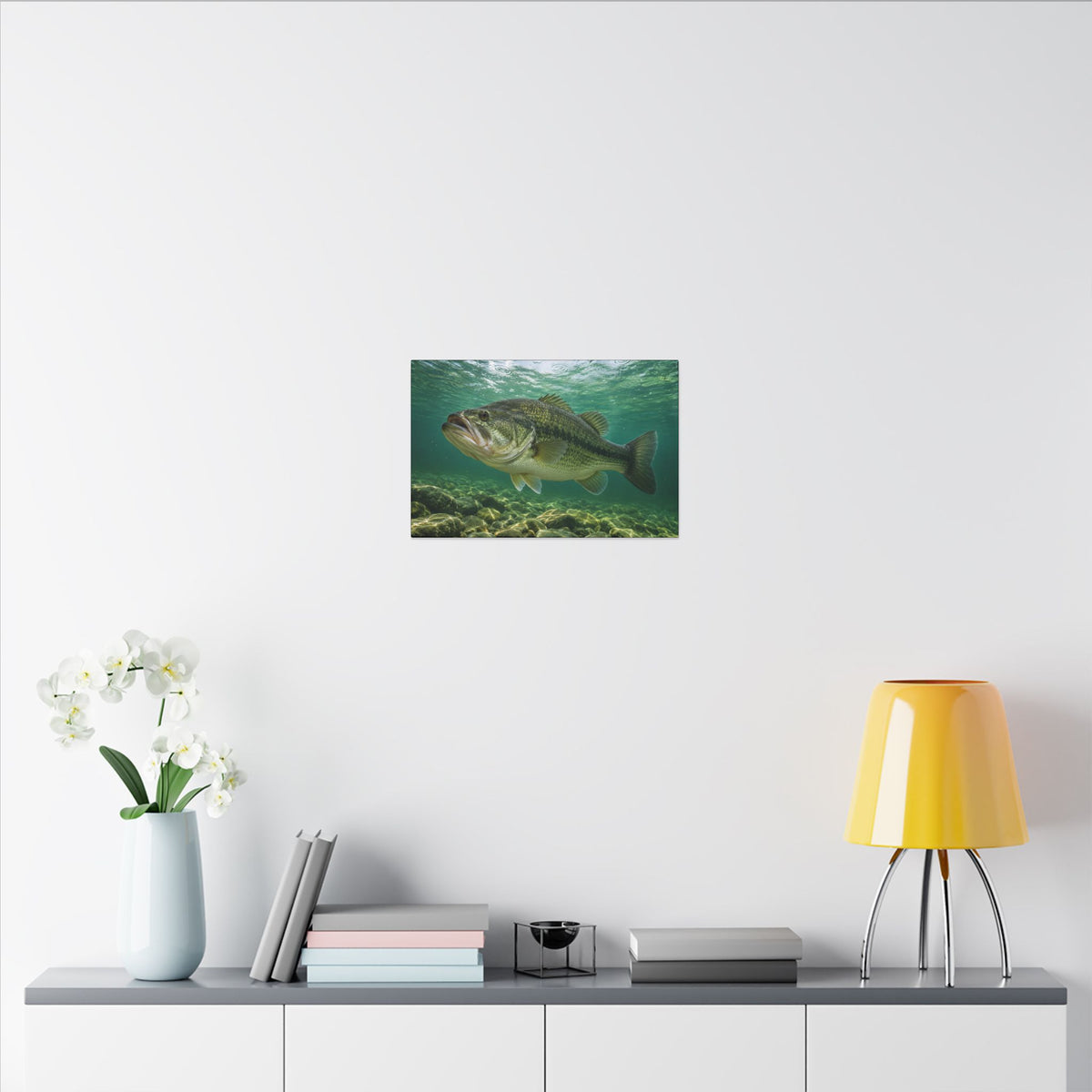 Emerald Rainlight Largemouth Bass canvas in a home office