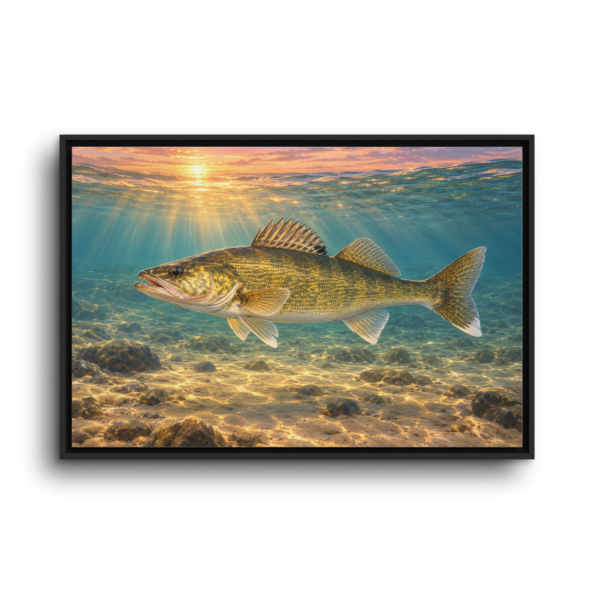 Underwater Walleye framed canvas wall art