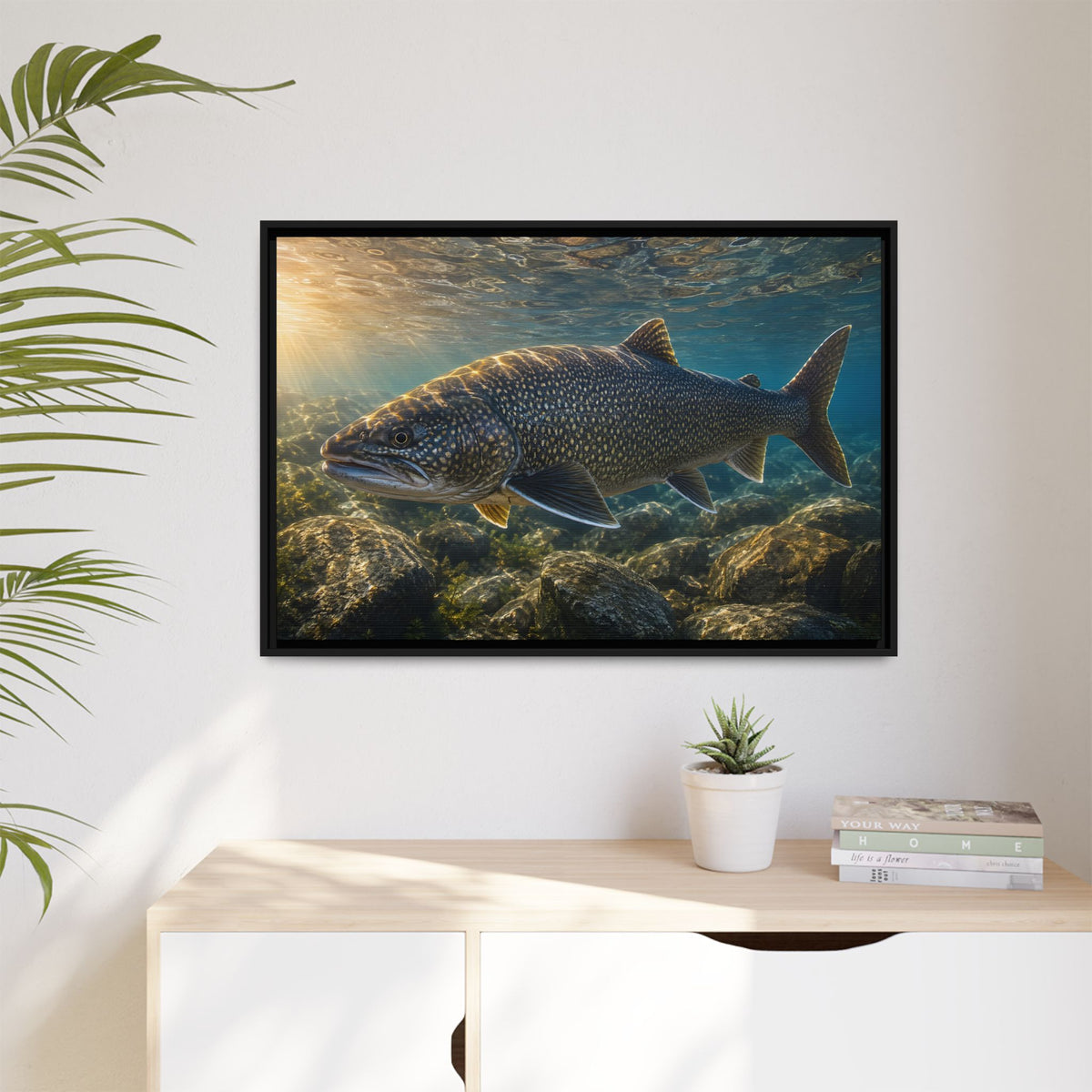Shallow Reef at Sunrise Lake Trout framed canvas wall art, view 5