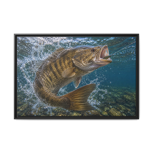 Boatside Fight Smallmouth Bass framed canvas wall art