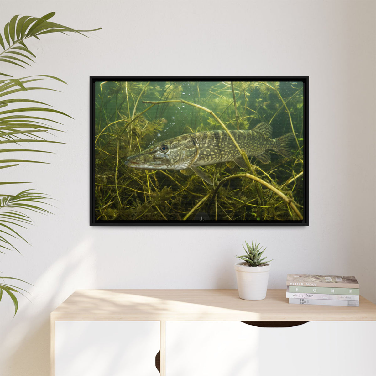 Weed Ambush Northern Pike framed canvas hanging in a living room