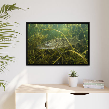 Weed Ambush Northern Pike framed canvas hanging in a living room