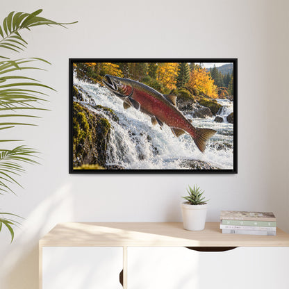 Autumn Run Leap Coho Salmon framed canvas hanging in a living room