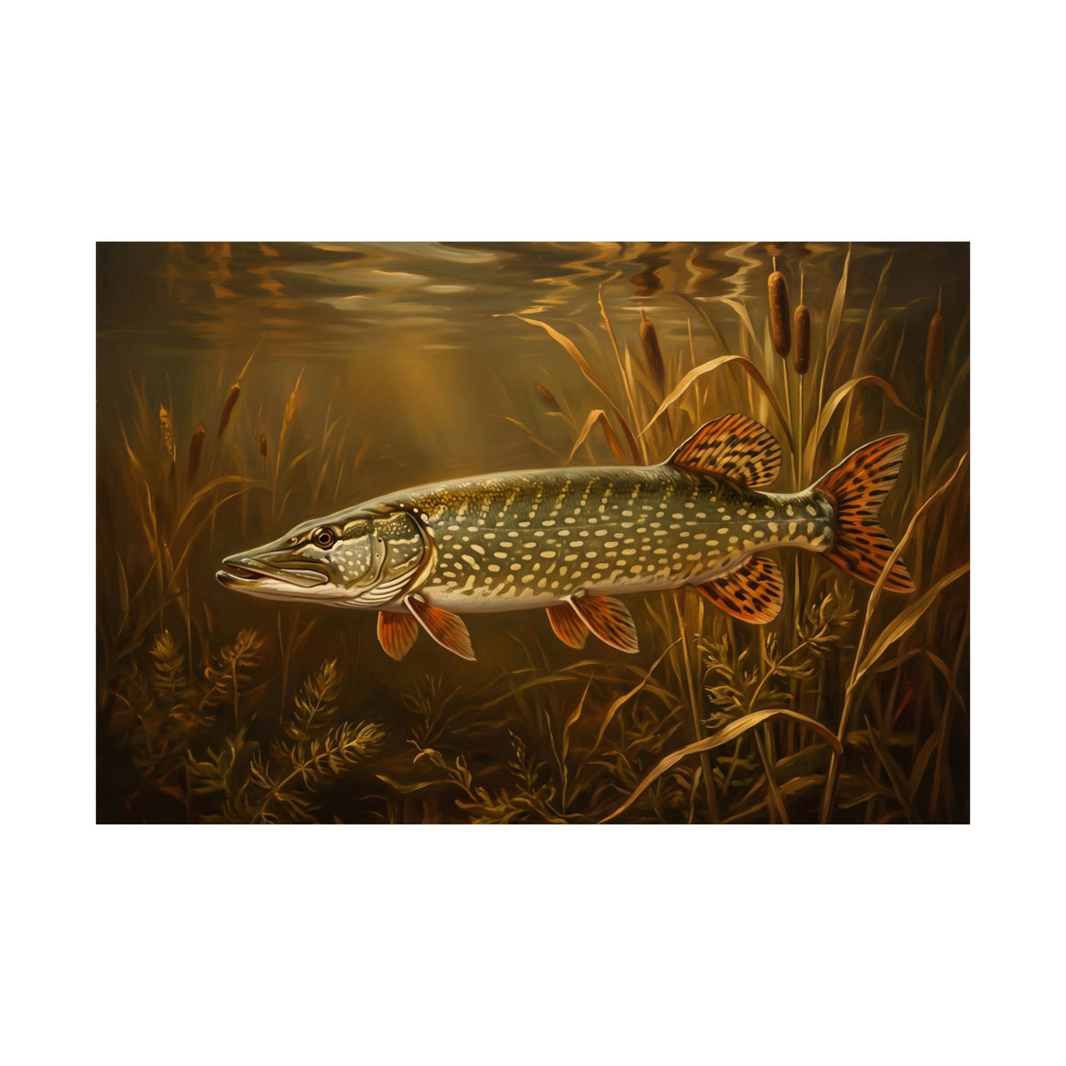 Old Masters Oil Northern Pike fishing poster close-up