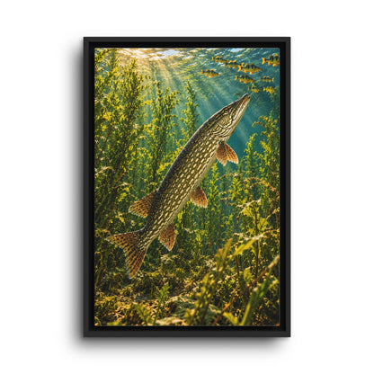 Northern Pike in the Weeds Underwater framed canvas wall art, view 2