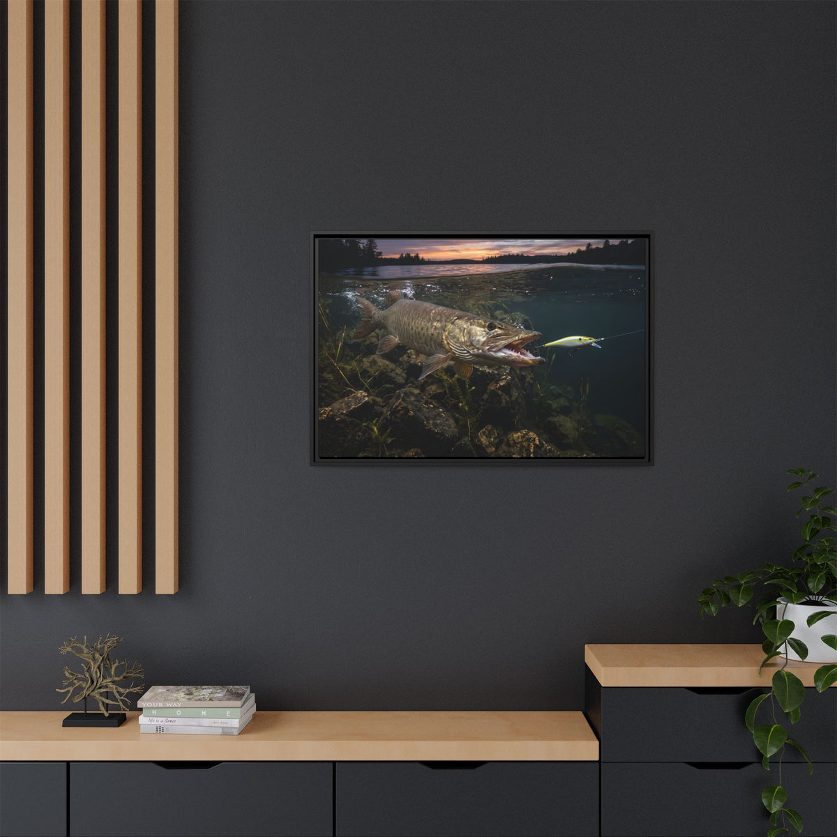 Chartreuse Sunset Jerkbait Strike Muskie framed canvas in a home office