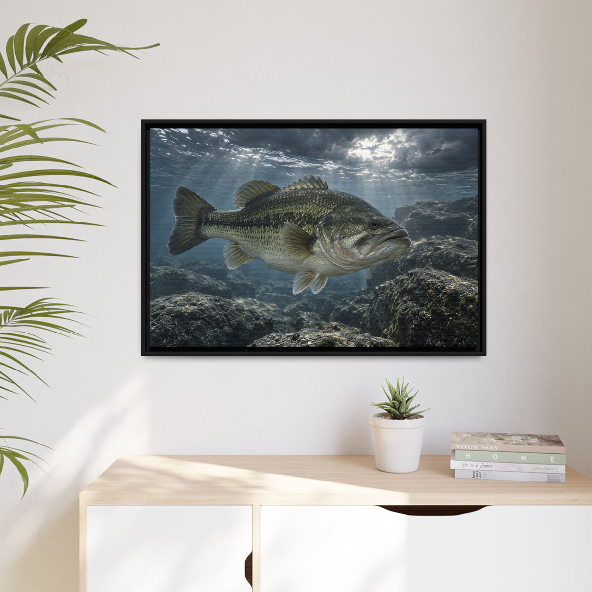 Silver Before the Storm Largemouth Bass framed canvas hanging in a living room