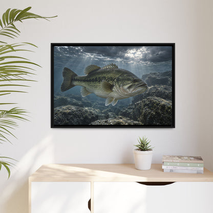 Silver Before the Storm Largemouth Bass framed canvas hanging in a living room