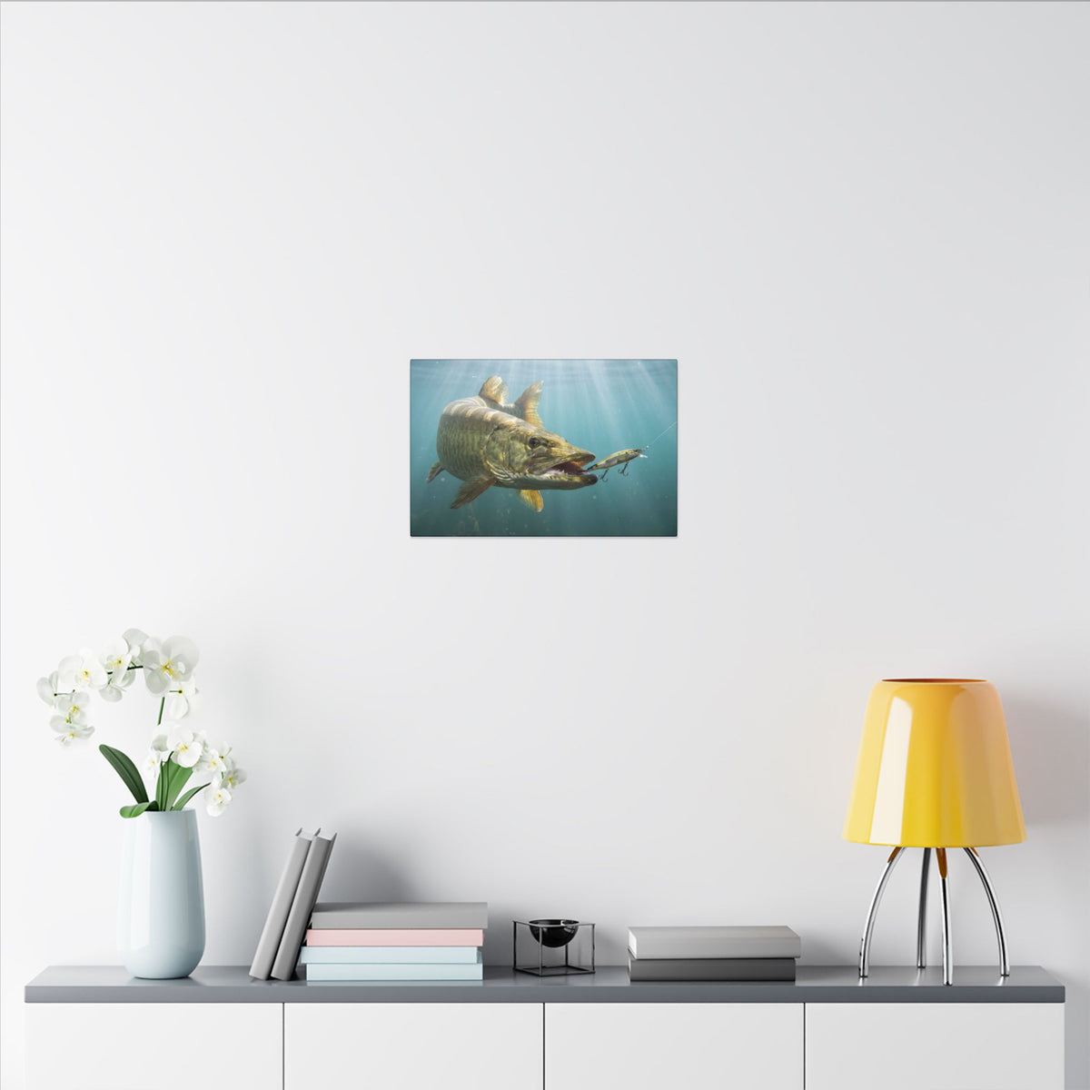 Chrome Jerkbait Strike Muskie canvas in a home office