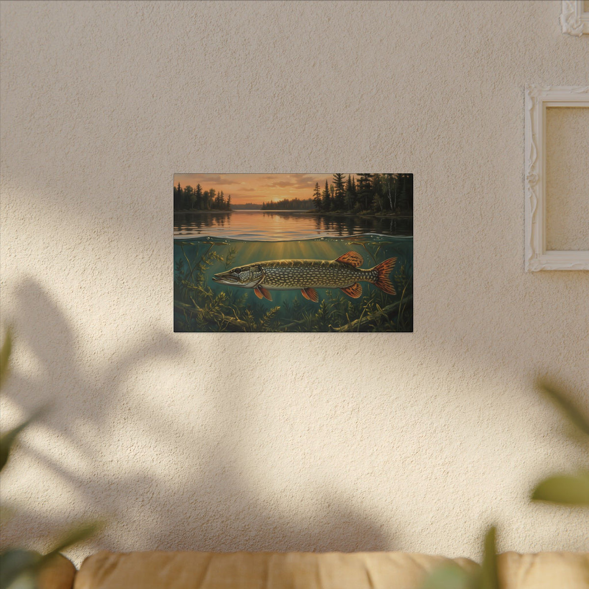 Northwoods Over-Under Northern Pike canvas hanging in a living room