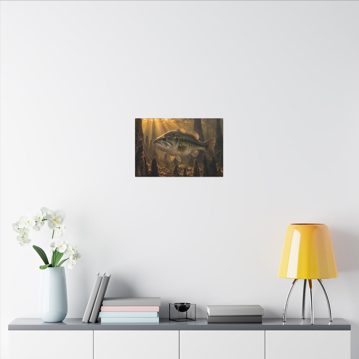 Sunrise Over the Cypress Knees Largemouth Bass canvas in a home office