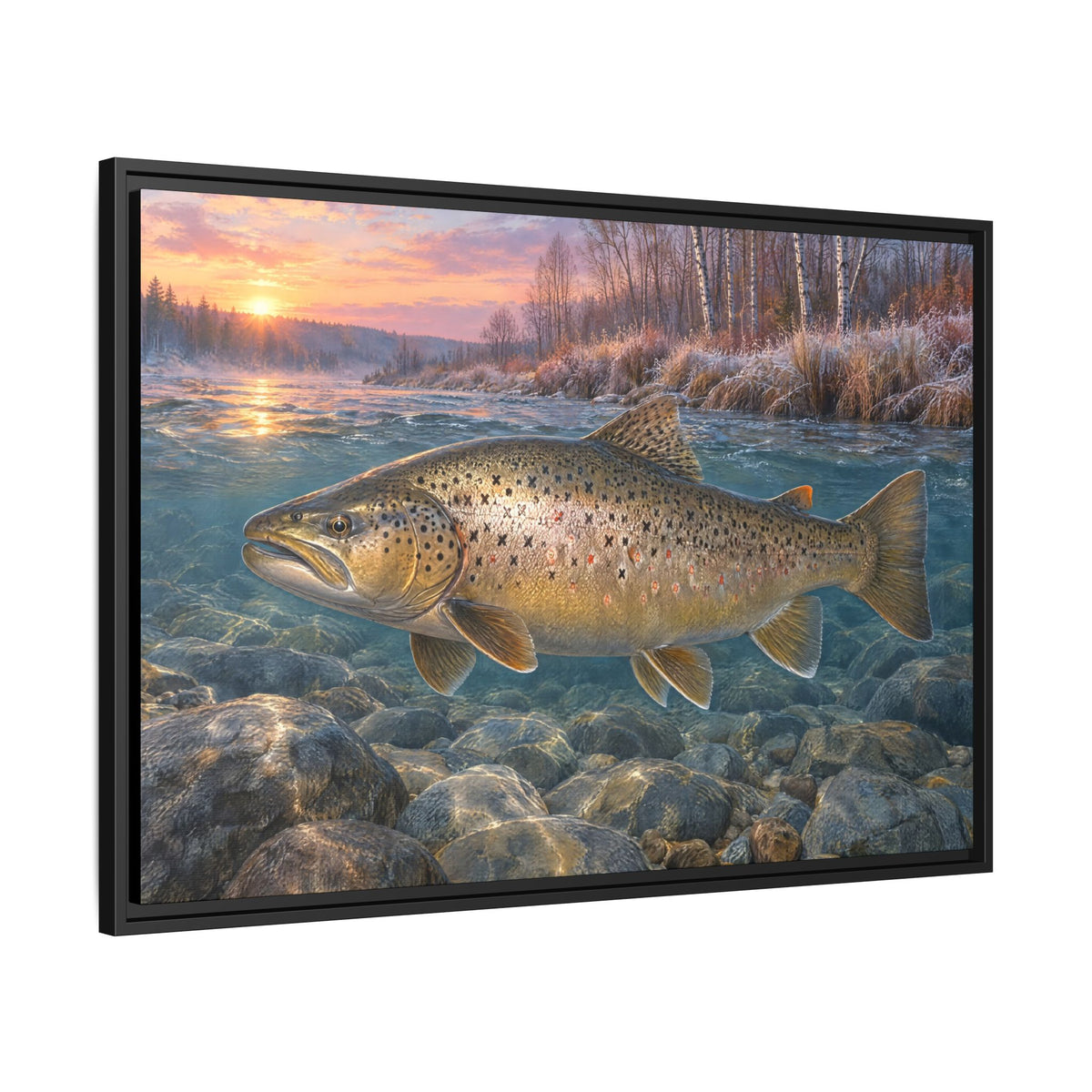 Lake-Run Giant Brown Trout framed canvas side angle