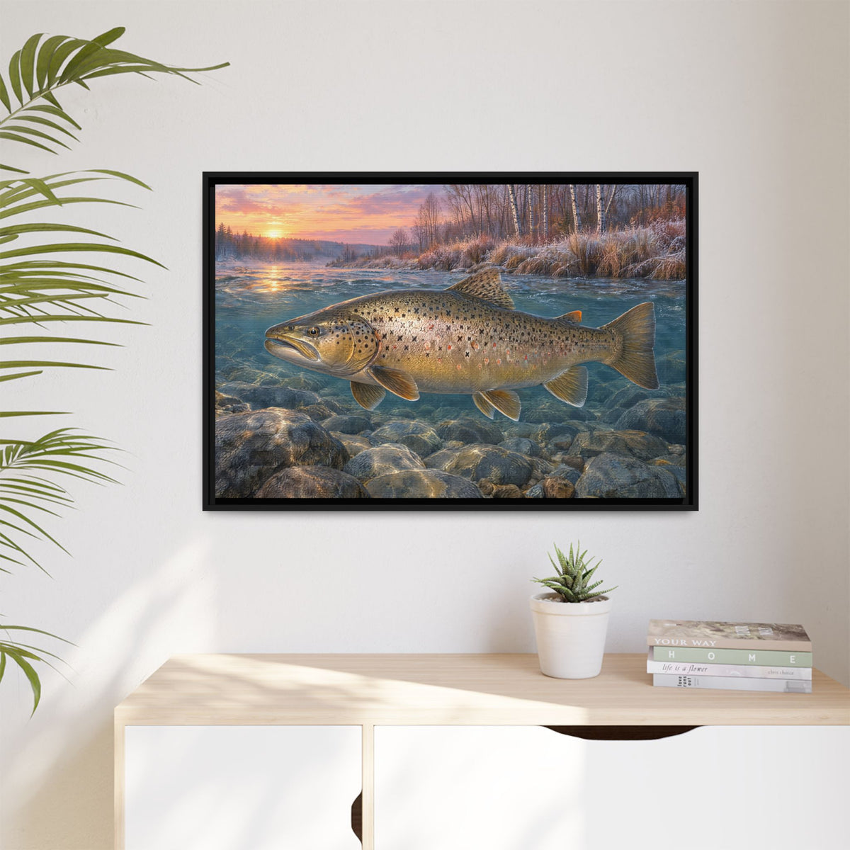 Lake-Run Giant Brown Trout framed canvas hanging in a living room