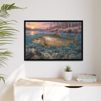 Lake-Run Giant Brown Trout framed canvas hanging in a living room