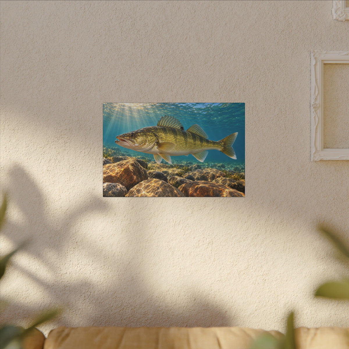 Golden Rock Reef Walleye canvas hanging in a living room